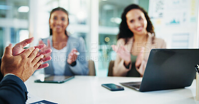 Buy stock photo Business, hands and people with applause in meeting for finance pitch success, funding approval or achievement. Financial team, employees or celebration in office for corporate promotion or good news