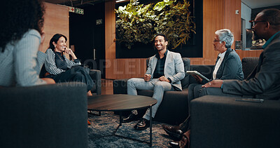 Buy stock photo Meeting, smile and training with business people in lobby of office for planning or partnership. Coaching, collaboration and conversation with happy employee team in workplace for report or research