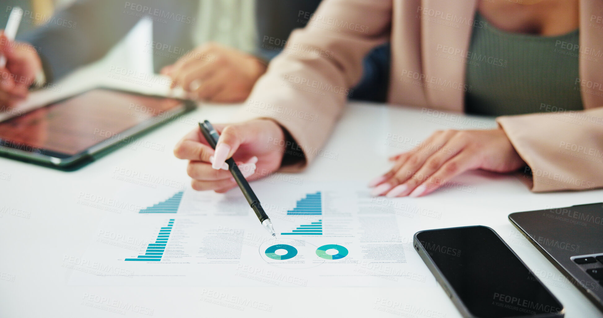 Buy stock photo Paperwork, statistics and hands of business people in office for finance, profit or revenue analysis. Meeting, documents and financial managers with data report for budget planning with discussion.