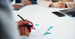 Documents, finance and hands of business people in office for statistics, profit or revenue analysis. Meeting. paperwork and financial managers with data report for budget planning with discussion.