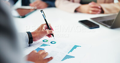 Buy stock photo Paperwork, finance and hands of business people in office for statistics, profit or revenue analysis. Meeting, documents and financial managers with data report for budget planning with discussion.