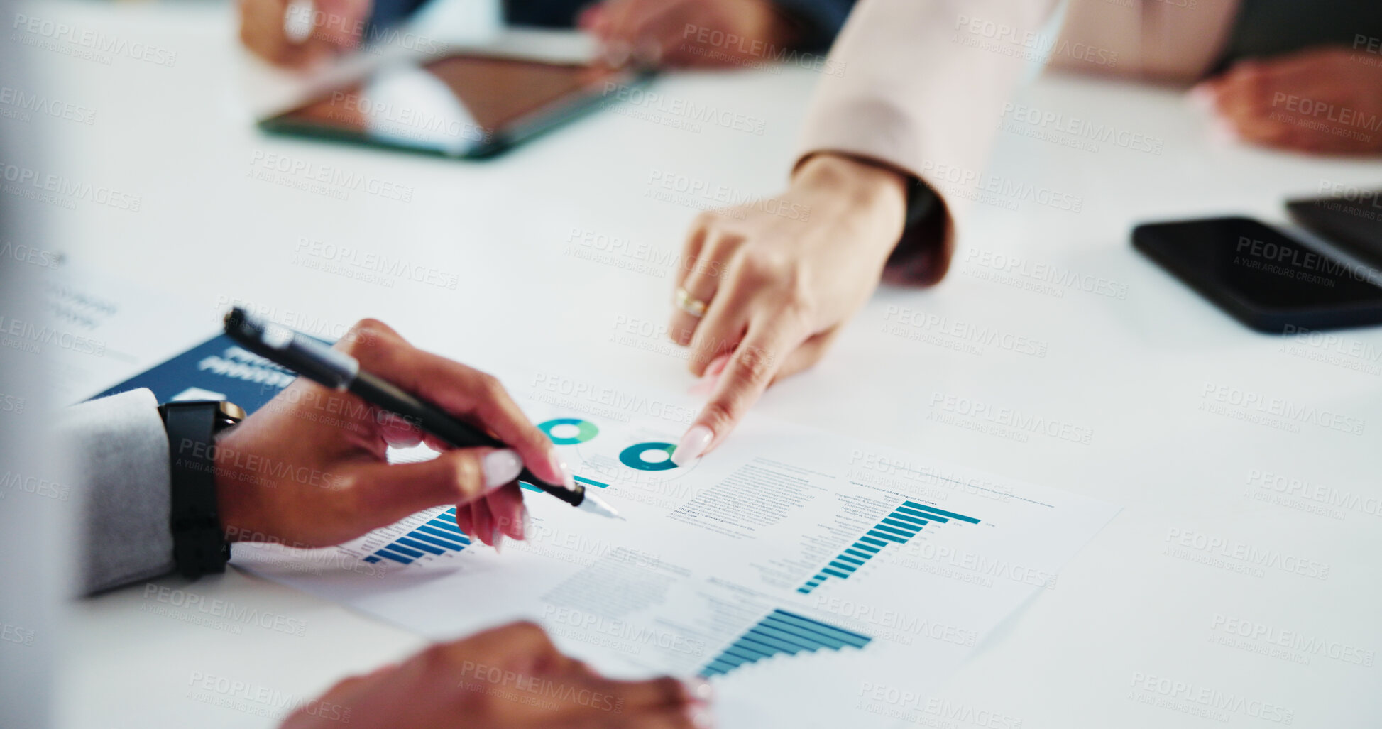 Buy stock photo Reports, statistics and hands of business people in office for finance, profit or revenue analysis. Meeting, paperwork and financial managers with data documents for budget planning with discussion.