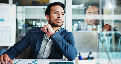 Buy stock photo Man, thinking and finance at office with decision for budget, solution and review by glass. Person, charts and perspective with reflection for graphs, problem solving or choice at accounting agency