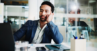 Buy stock photo Business, bored and man with laptop, thinking and waiting for email, decision and tired. Person, consultant or employee in office, pc or choice with fatigue, exhausted or online reading with internet