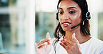 Consultation, call center and woman consultant in office for helpdesk, assistance or support online. Lead generation, audio tech and female customer service agent with troubleshooting advice for crm.