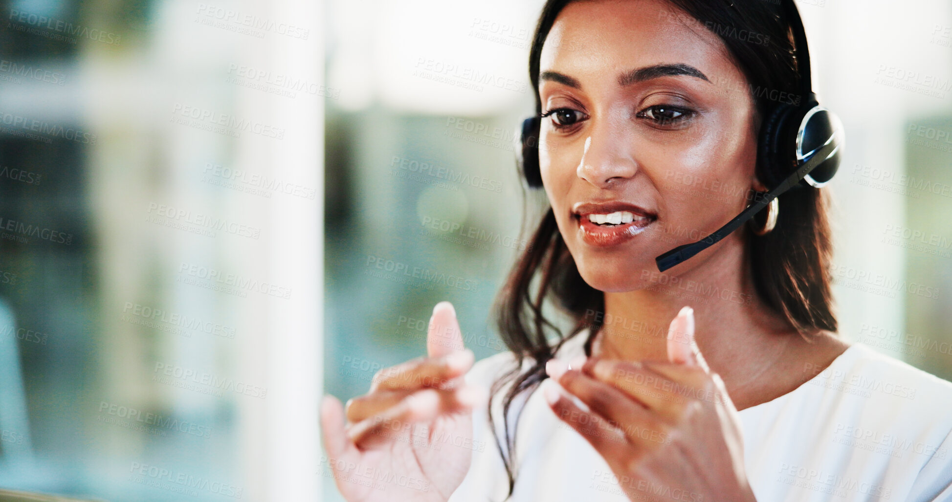 Buy stock photo Consultation, call center and woman consultant in office for helpdesk, assistance or support online. Lead generation, audio tech and female customer service agent with troubleshooting advice for crm.