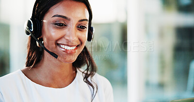 Buy stock photo Headset, call center and woman agent in office for helpdesk, assistance or support online. Lead generation, audio tech and female customer service consultant with troubleshooting advice for crm.