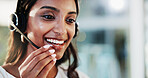 Headset, customer service and woman consultant in office for helpdesk, assistance or support online. Lead generation, audio tech and female call center agent with troubleshooting advice for crm.