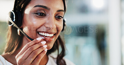 Buy stock photo Headset, customer service and woman consultant in office for helpdesk, assistance or support online. Lead generation, audio tech and female call center agent with troubleshooting advice for crm.