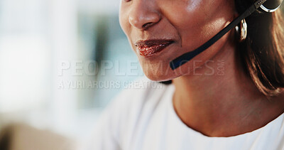 Buy stock photo Mouth, call center and woman consultant in office for helpdesk, assistance or support online. Lead generation, headset and female customer service agent with troubleshooting advice for crm advisory.