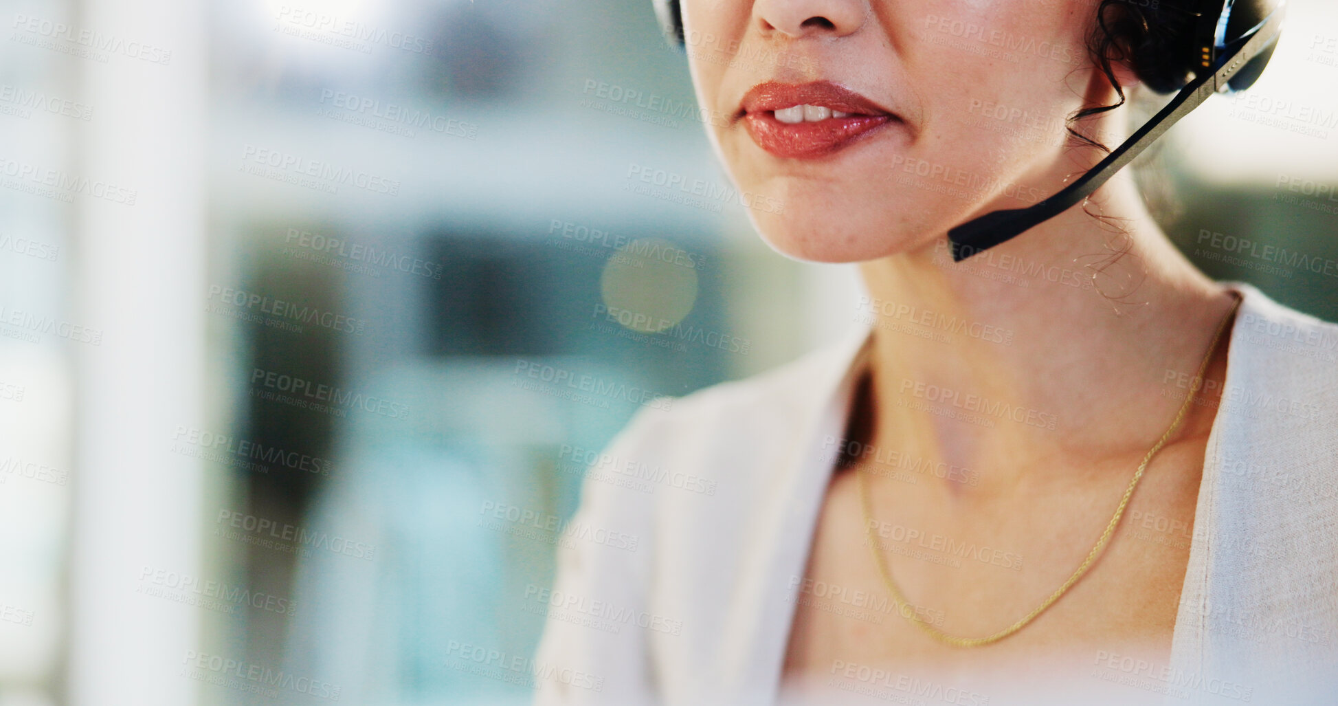 Buy stock photo Headset, call center and mouth of woman consultant in office for helpdesk, assistance or support online. Lead generation, audio tech and customer service agent with troubleshooting advice for crm.