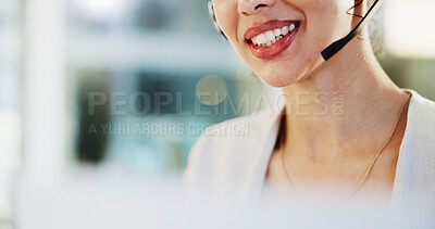 Buy stock photo Mouth, call center and woman agent in office for help desk, assistance or support online. Lead generation, headset and female customer service consultant with troubleshooting advice for crm advisory.