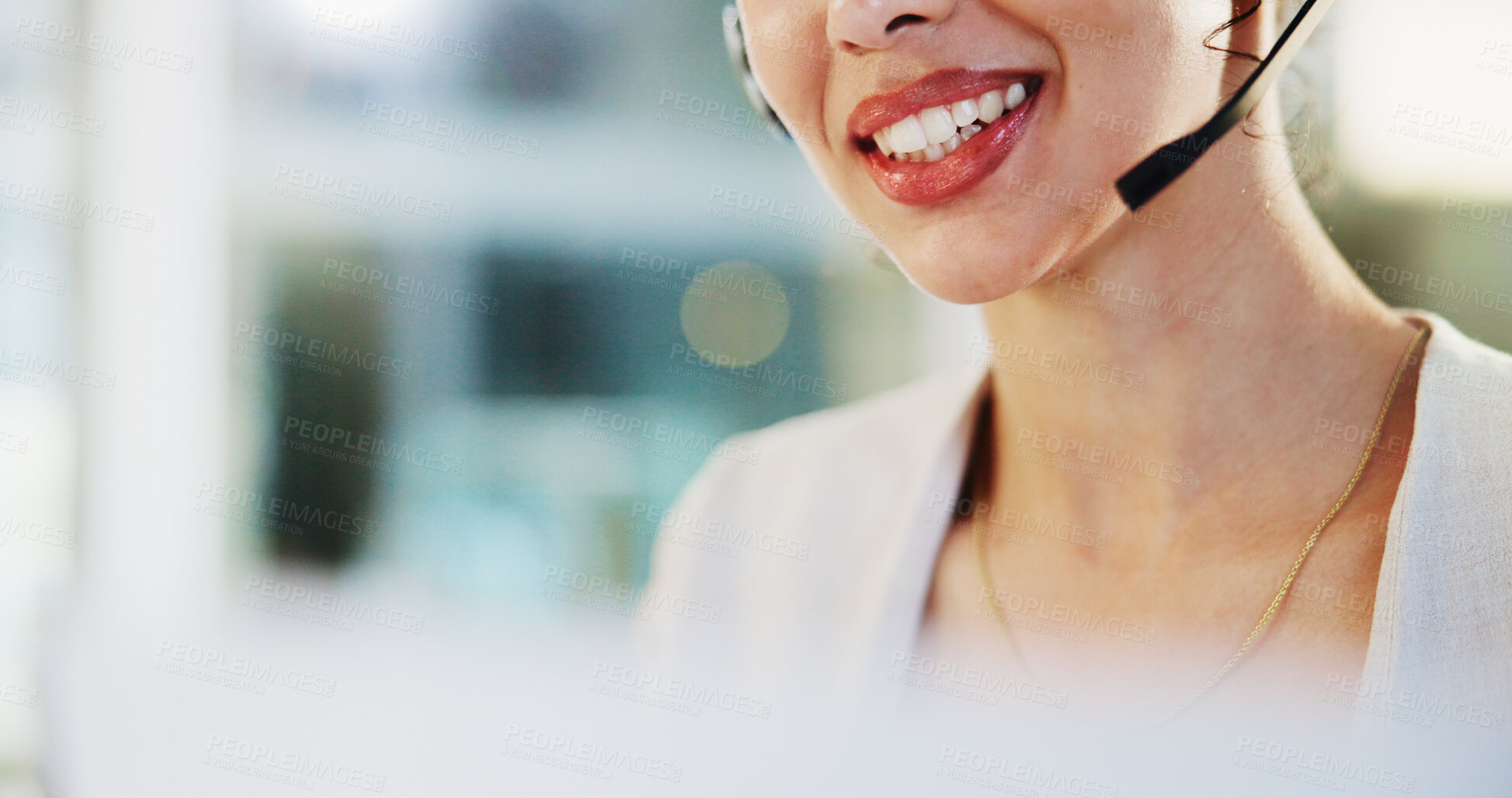 Buy stock photo Mouth, call center and woman agent in office for help desk, assistance or support online. Lead generation, headset and female customer service consultant with troubleshooting advice for crm advisory.