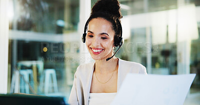 Buy stock photo Headset, laptop and businesswoman with document on video call for investment advice, online guidance or meeting. Office, financial advisor or happy with webinar for finance plan development or policy