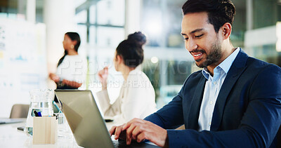 Buy stock photo Business, man and happy with laptop in presentation for typing minutes, data report and financial summary. Accounting firm, people or administrator in meeting for investment proposal or budget update
