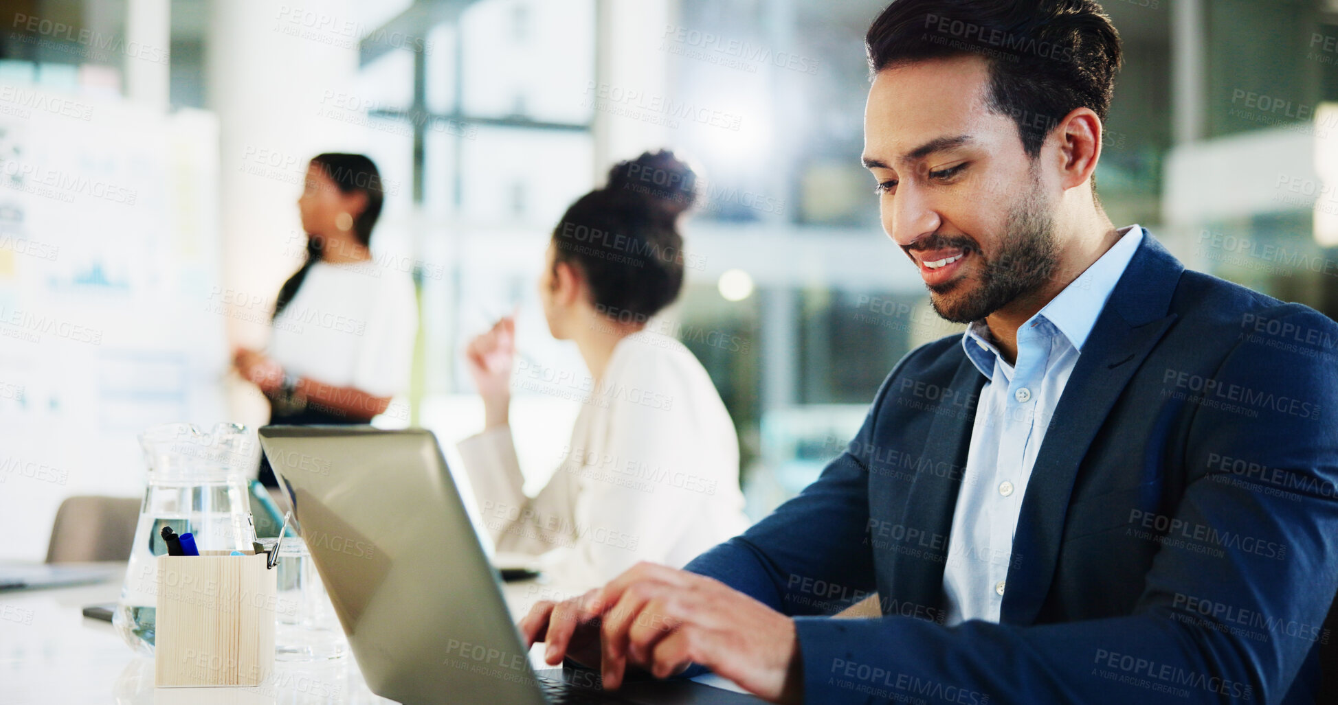 Buy stock photo Business, man and happy with laptop in presentation for typing minutes, data report and financial summary. Accounting firm, people or administrator in meeting for investment proposal or budget update