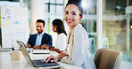 Woman, smile and portrait at office for finance, report and laptop with charts, career and confident at agency. Person, happy and board in workplace for review, graphs or stats for revenue at company