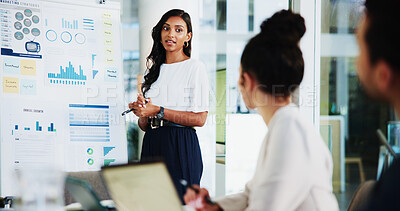 Buy stock photo Business, data and people with discussion in presentation for finance forecasting, investment shares or market trends. Financial analyst, speaker and stats report for timeline review and performance
