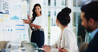 Buy stock photo Business, discussion and woman with graphs in presentation for report generation, research and feedback. Financial analyst, meeting and employee with data collection for budget review and performance