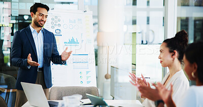 Buy stock photo Business, man and presentation with applause in office for financial performance, investment success and good news. Finance manager, support and clapping for corporate funding and project development
