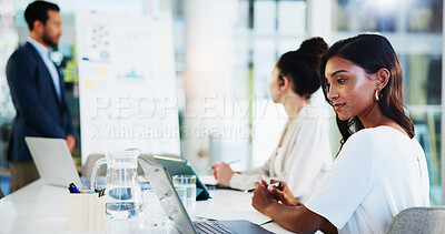 Buy stock photo Business, presentation and woman with laptop in office for financial statement review, data report or finance analysis. Accounting team, people or meeting for risk management, forecasting or planning