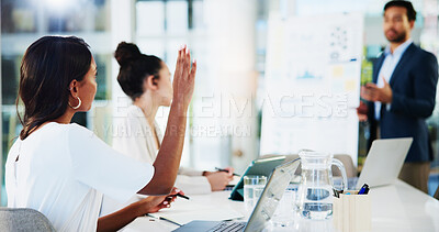 Buy stock photo Woman, raised hand and meeting with finance, presentation and review with charts for revenue at office. Business people, employee and questions for stats, insight and solution at accounting agency