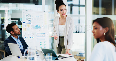 Buy stock photo Business, presentation or woman with finance discussion for budget projection, forecasting or feedback. Financial manager, negotiation or meeting for timeline review, cash flow analysis or compliance