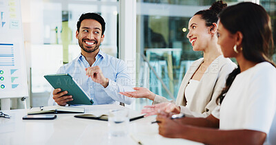 Buy stock photo Tablet, good news and business people in office with teamwork, collaboration or review on report. Technology, discussion and group of financial advisors with company investment, profit or revenue.