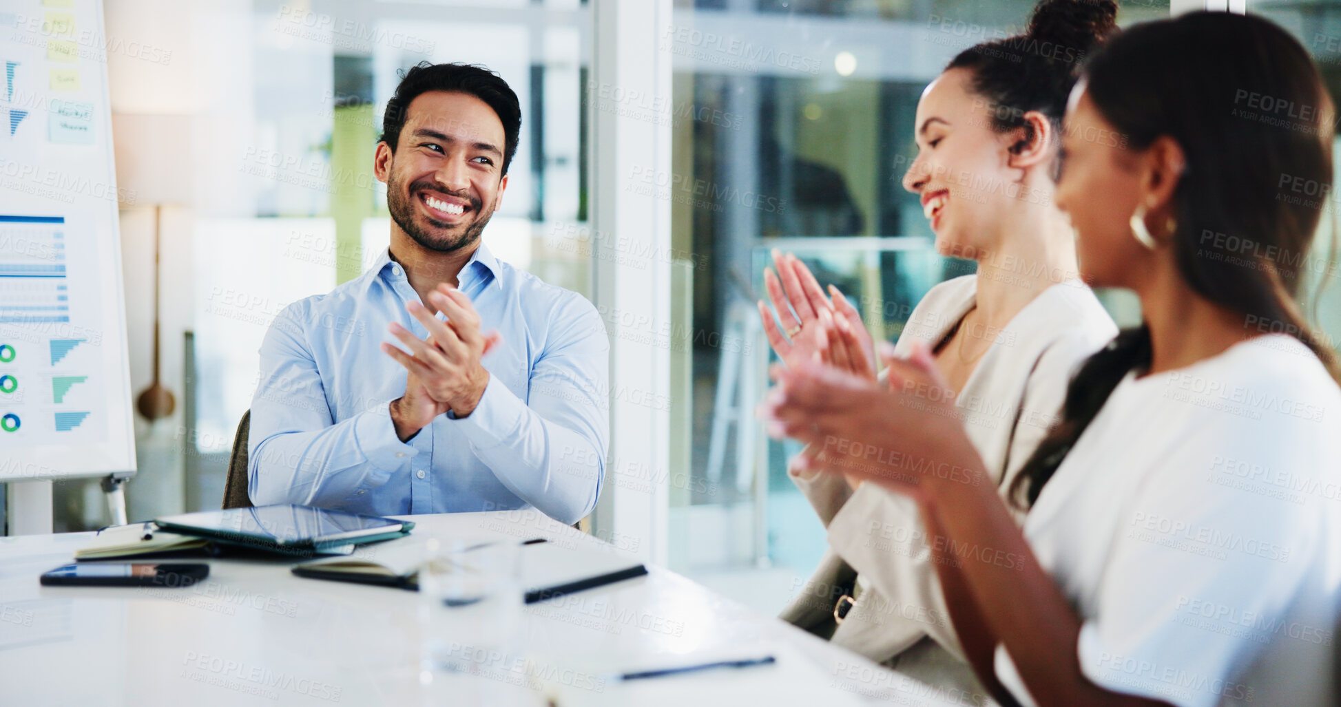 Buy stock photo Business, applause and people with celebration in meeting for funding approval, investment success or good news. Finance team, employees or clapping in office for KPI sales growth or winning together