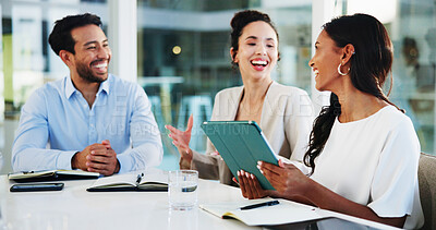 Buy stock photo Tablet, discussion and business people in office with teamwork, collaboration or review on report. Technology, laughing and group of financial advisors with company investment, planning or revenue.