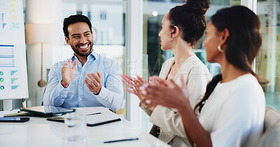 Buy stock photo Business, success and people with applause in meeting for finance pitch approval, funding offer and good news. Financial group, employees and celebration in office for corporate deal and investment