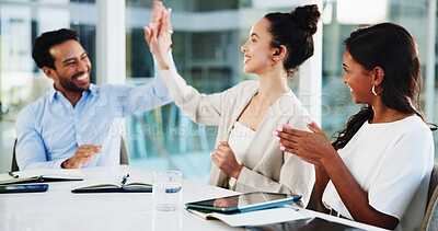 Buy stock photo Business, applause or people with high five in office for finance promotion, company achievement or good news. Financial team, employees or celebration in meeting for corporate recognition or support