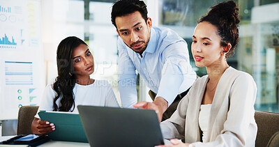 Buy stock photo Business, laptop and people with discussion in meeting for finance forecasting, market trends analysis or feedback. Financial analyst, group and online report for performance monitor or stats insight