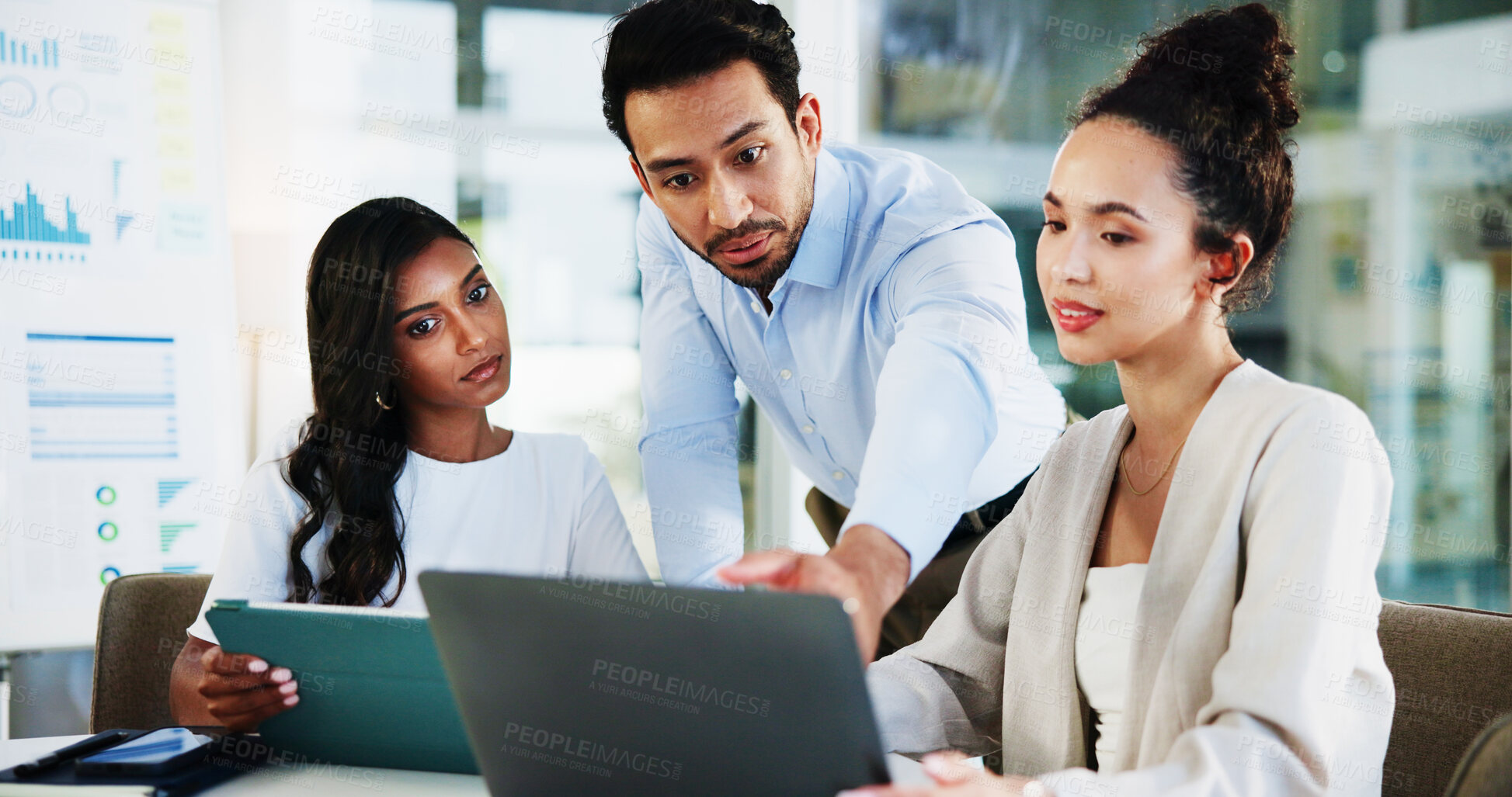 Buy stock photo Business, laptop and people with discussion in meeting for finance forecasting, market trends analysis or feedback. Financial analyst, group and online report for performance monitor or stats insight