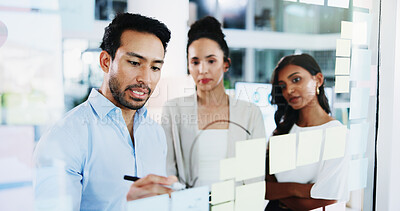 Buy stock photo Glass wall, cooperation and business people in office, planning and conversation for social media project. Employees, feedback and PR agency with teamwork, brainstorming and support for proposal