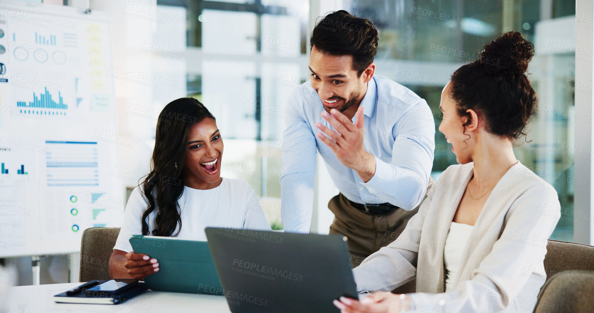 Buy stock photo Laptop, meeting and business people in office with good news, achievement or team promotion. Computer, discussion and group of financial advisors with company investment, profit or revenue report.