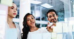 Glass wall, teamwork and business people with ideas, planning and social media for company. Employees, feedback and PR agency with brainstorming, creativity and support for proposal and conversation