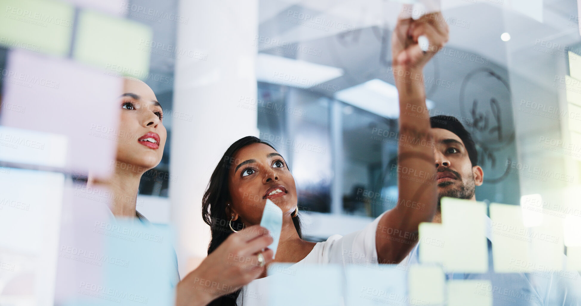 Buy stock photo Glass wall, teamwork and business people with planning, below and conversation for social media project. Employees, low angle and PR agency with collaboration, brainstorming and feedback for proposal