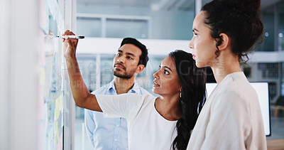 Buy stock photo Glass wall, teamwork and business people in office, thinking and creativity for social media project. Employees, feedback and PR agency with ideas, brainstorming and planning for proposal and meeting