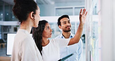 Buy stock photo Glass wall, planning and business people in office, cooperation and conversation for project. Employees, feedback and PR agency with ideas, brainstorming and support for proposal, tablet and teamwork