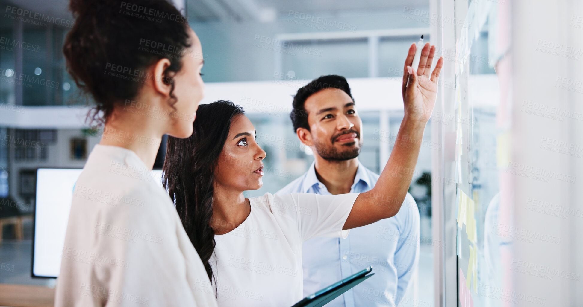 Buy stock photo Glass wall, planning and business people in office, cooperation and conversation for project. Employees, feedback and PR agency with ideas, brainstorming and support for proposal, tablet and teamwork