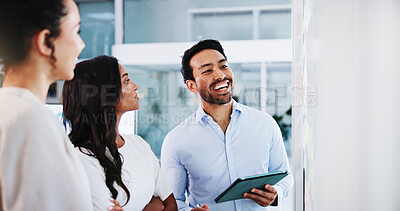 Buy stock photo Glass wall, tablet and business people in office, planning and conversation for social media project. Employees, technology and PR agency with ideas, brainstorming and proposal for company website