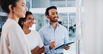 Buy stock photo Glass wall, teamwork and business people in office, tablet and brainstorming for company website. Employees, about us or PR agency with ideas, tech and app for proposal or review for profit growth