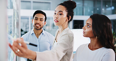 Buy stock photo Glass wall, writing and business people in office, planning and brainstorming for social media project. Employees, feedback or PR agency with ideas, problem solving and support for proposal or review