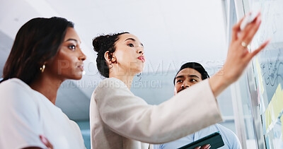 Buy stock photo Glass wall, below and business people in office, planning and conversation for social media subscription. Employees, teamwork and PR agency with ideas, low angle and support for proposal and feedback