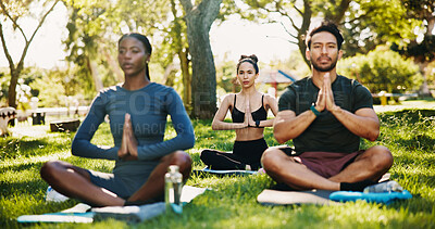 Buy stock photo Meditation, prayer hands and group in park for mindfulness, healing aura or spiritual mental health. Zen, yoga people and peaceful in nature with fresh air, energy balance or relax chakra outdoors