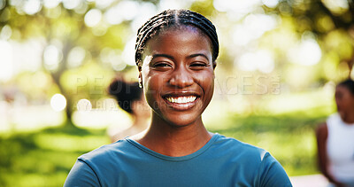 Buy stock photo Outdoor, woman and smile in portrait for yoga class, holistic healing and mindfulness with confidence. Nature, female person and yogi with happiness for fitness, self care or wellness for inner peace