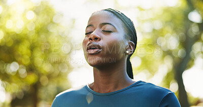 Buy stock photo Meditation, breathe and black woman in park for mindfulness, healing aura or spiritual mental health. Zen, African girl and peaceful in nature with fresh air, energy balance or relax chakra outdoors