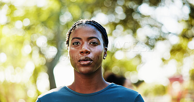 Buy stock photo Black woman, runner and sweat in nature for training, workout and fitness goals, endurance or challenge. Forest space, athlete or African person with fatigue, cardio exercise and break in park