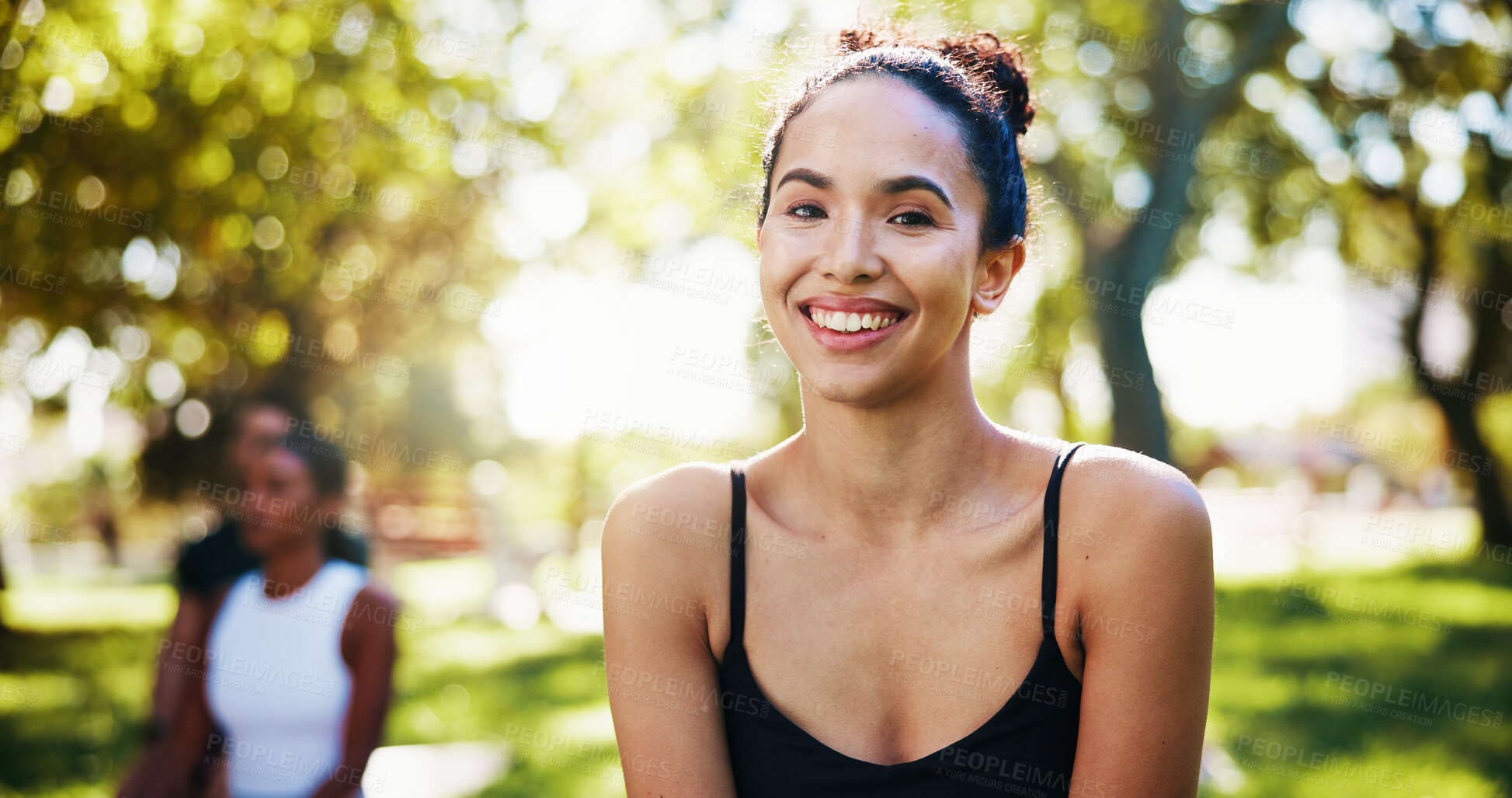 Buy stock photo Nature, woman and laugh in portrait for yoga class, holistic healing and mindfulness with confidence. Outdoor, female coach and yogi with happiness for fitness, self care and wellness for inner peace